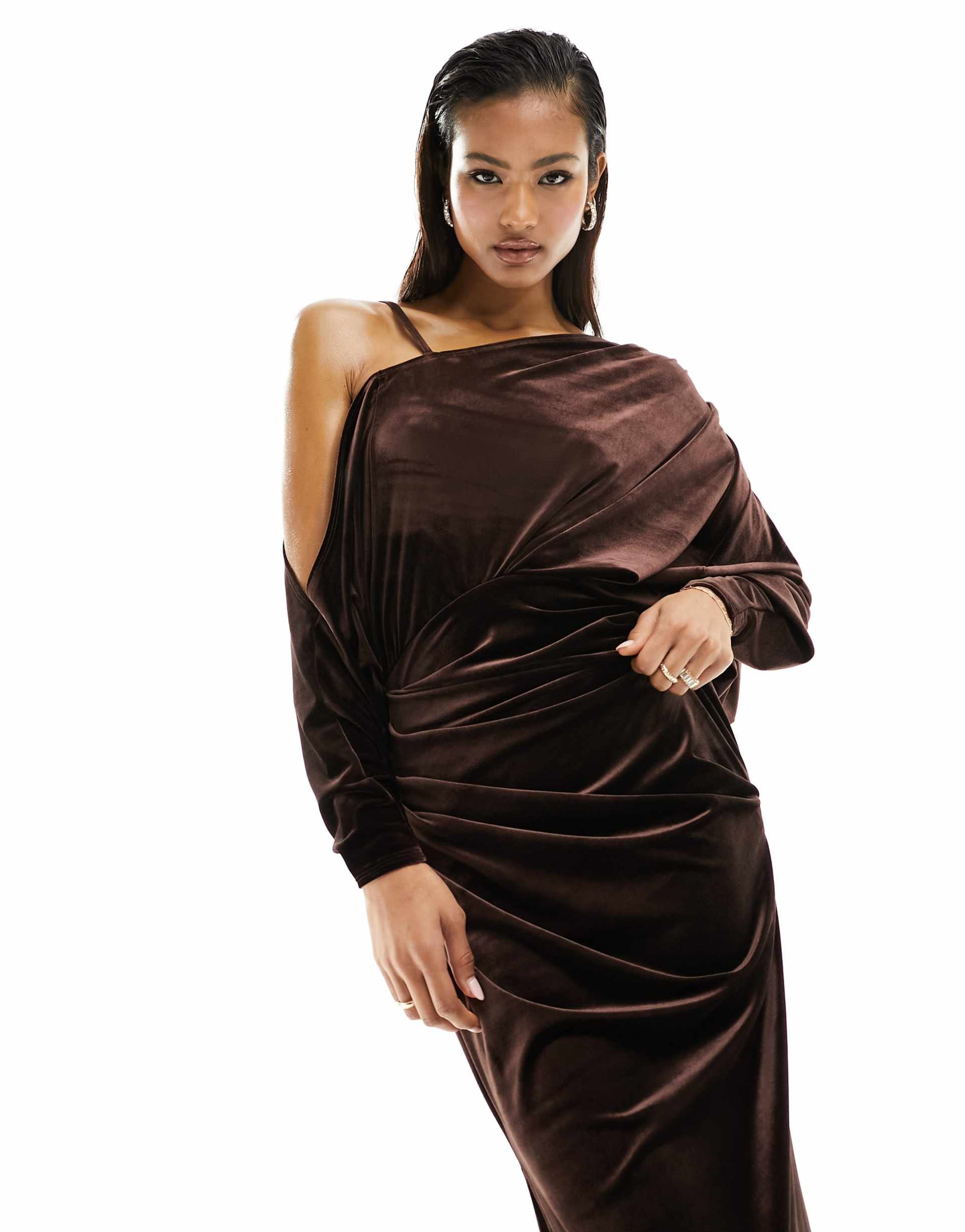 asos design velvet off shoulder grecian drape midi dress in chocolate
