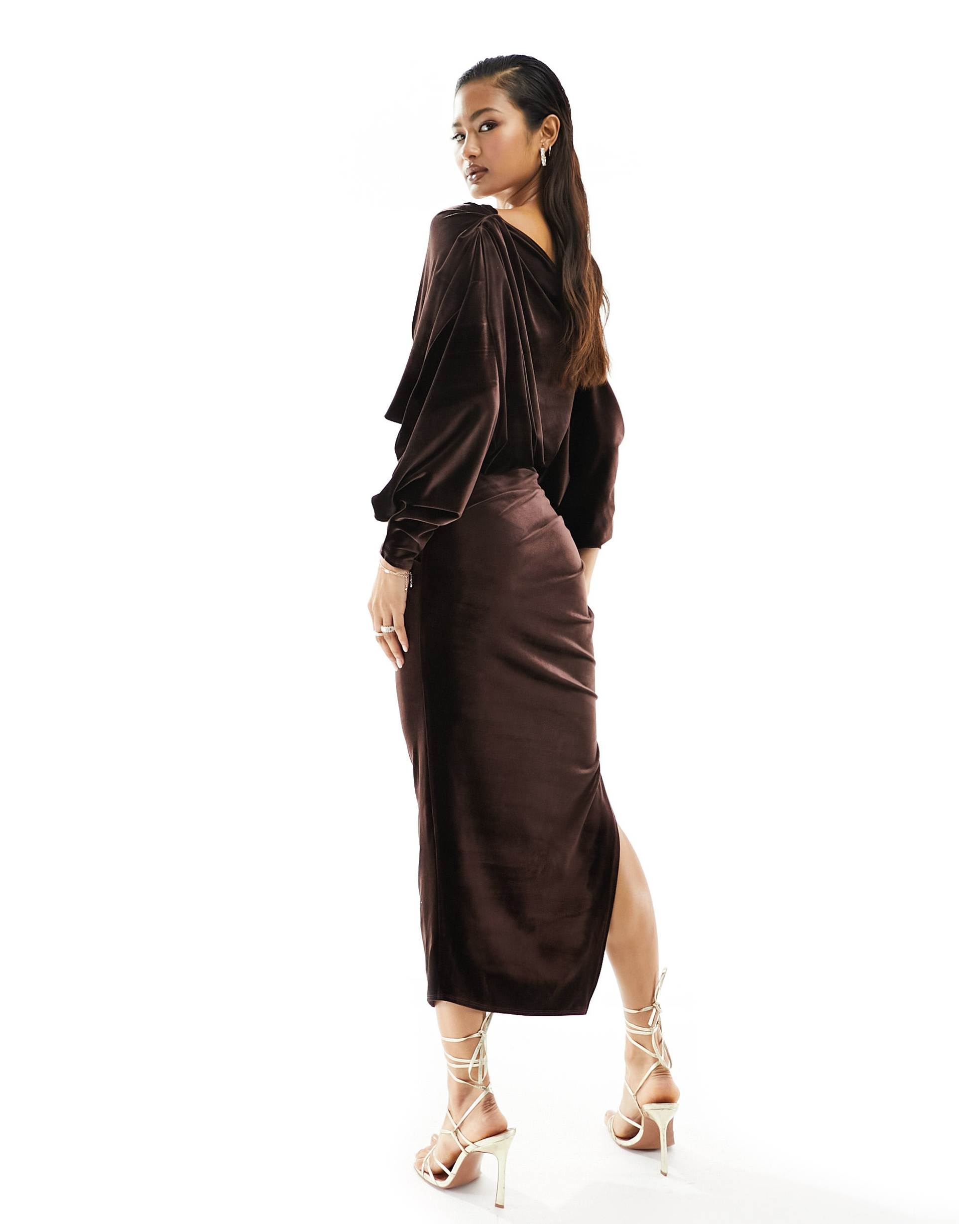 asos design velvet off shoulder grecian drape midi dress in chocolate