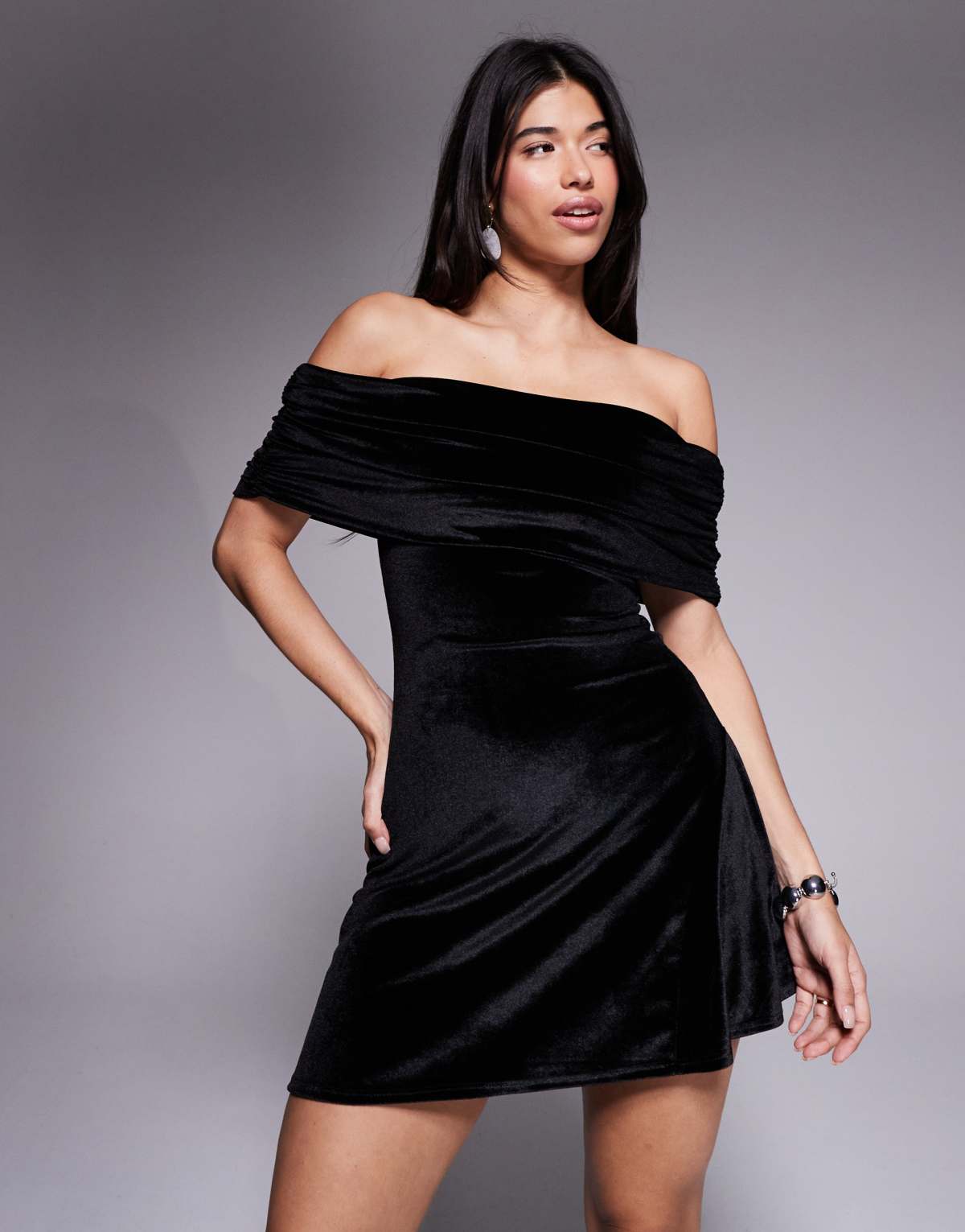 ASOS DESIGN velvet off shoulder skater mini dress in black
