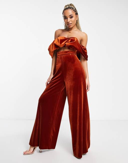 ASOS DESIGN velvet off shoulder wide leg jumpsuit in rust