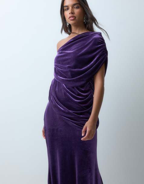 ASOS DESIGN velvet off shoulder wrap bodice detail maxi dress with train in purple - view 1