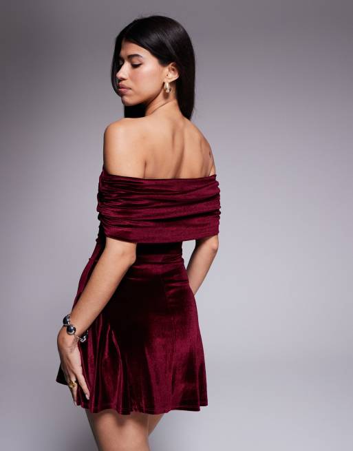 ASOS DESIGN velvet off the shoulder skater mini dress in berry