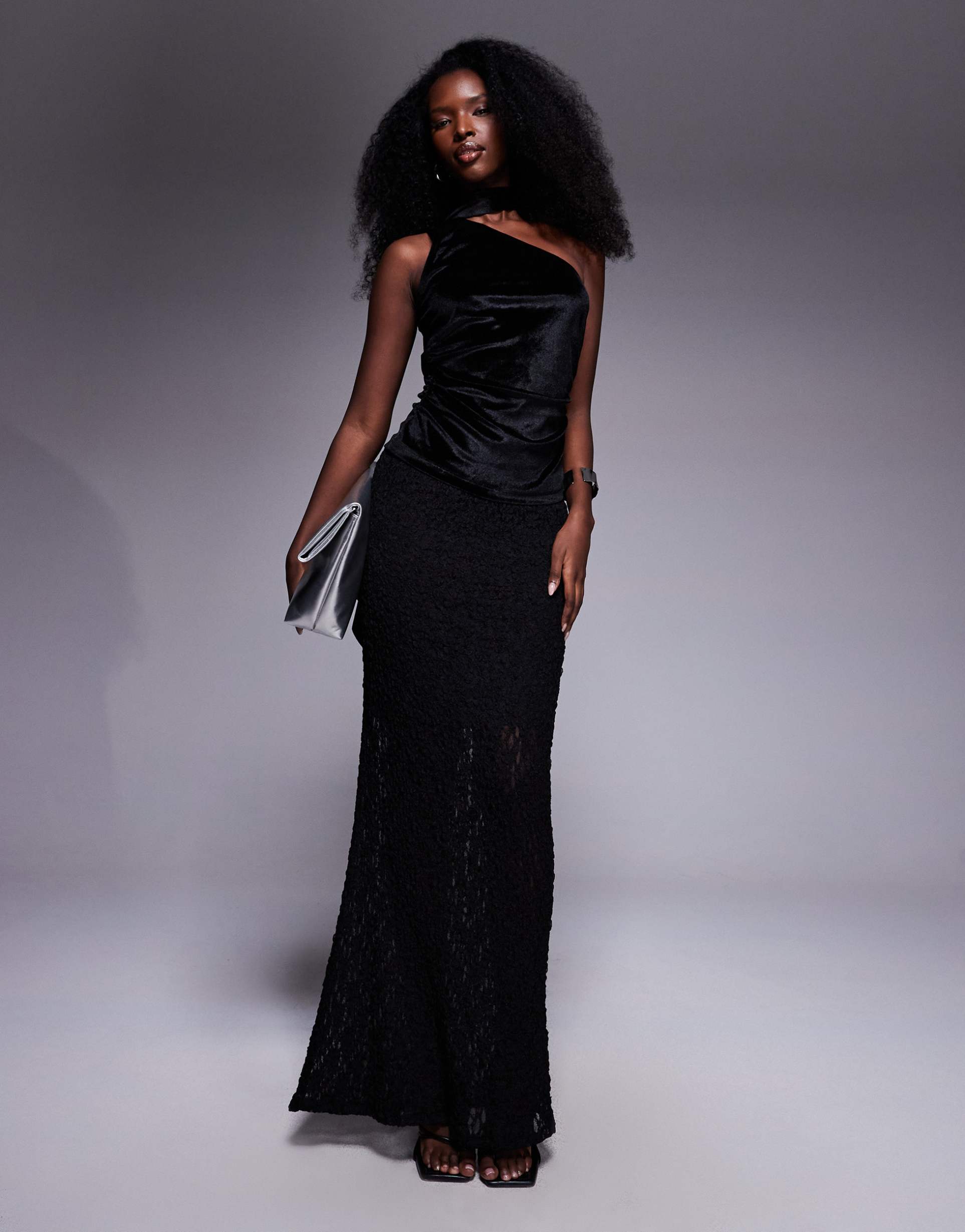 asos design velvet one-shoulder cinched top with scarf detail in black