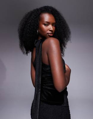 Asos Design Velvet One-shoulder Cinched Top With Scarf Detail In Black