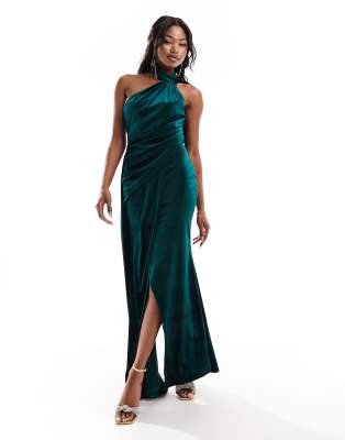 Asos Design Velvet One Shoulder Draped Maxi Dress With Tie Detail In Bottle Green