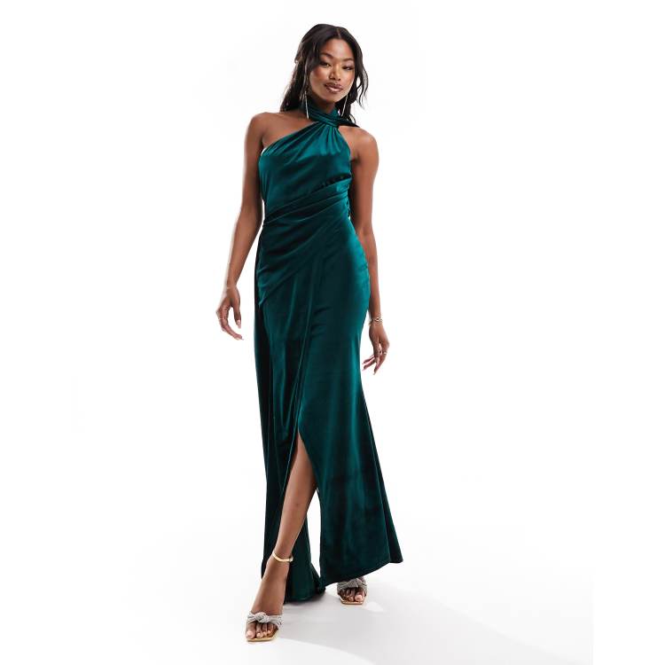 ASOS DESIGN velvet one shoulder draped maxi dress with tie detail in bottle  green