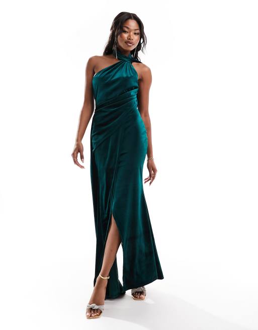 ASOS DESIGN velvet one shoulder draped maxi dress with tie detail in bottle green