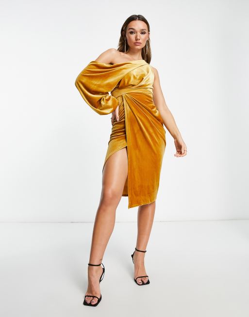 ASOS DESIGN velvet one shoulder draped midi dress in mustard