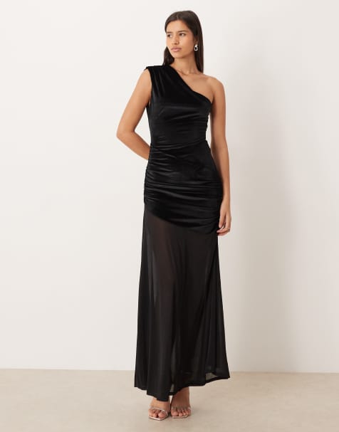 ASOS DESIGN velvet one shoulder ruched maxi dress with sheer skirt in black