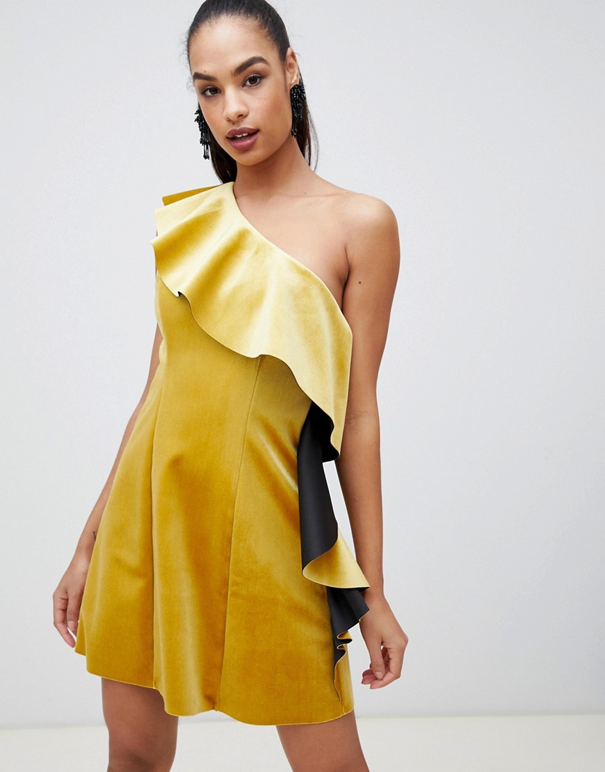 ASOS DESIGN velvet one shoulder ruffle mini dress-Yellow