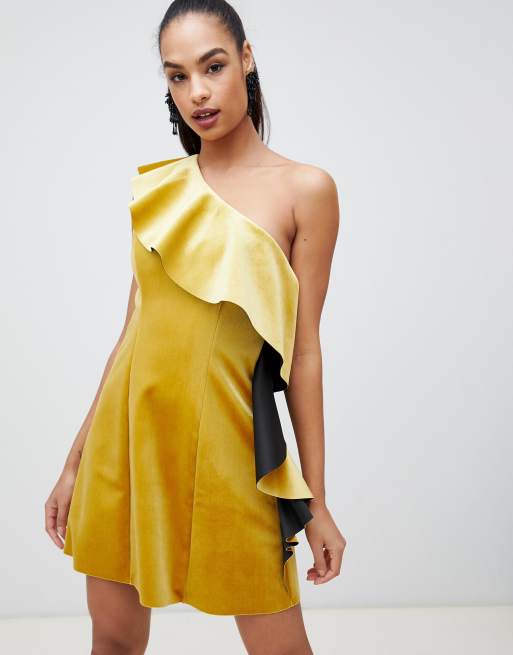 ASOS DESIGN velvet one shoulder ruffle mini dress ASOS