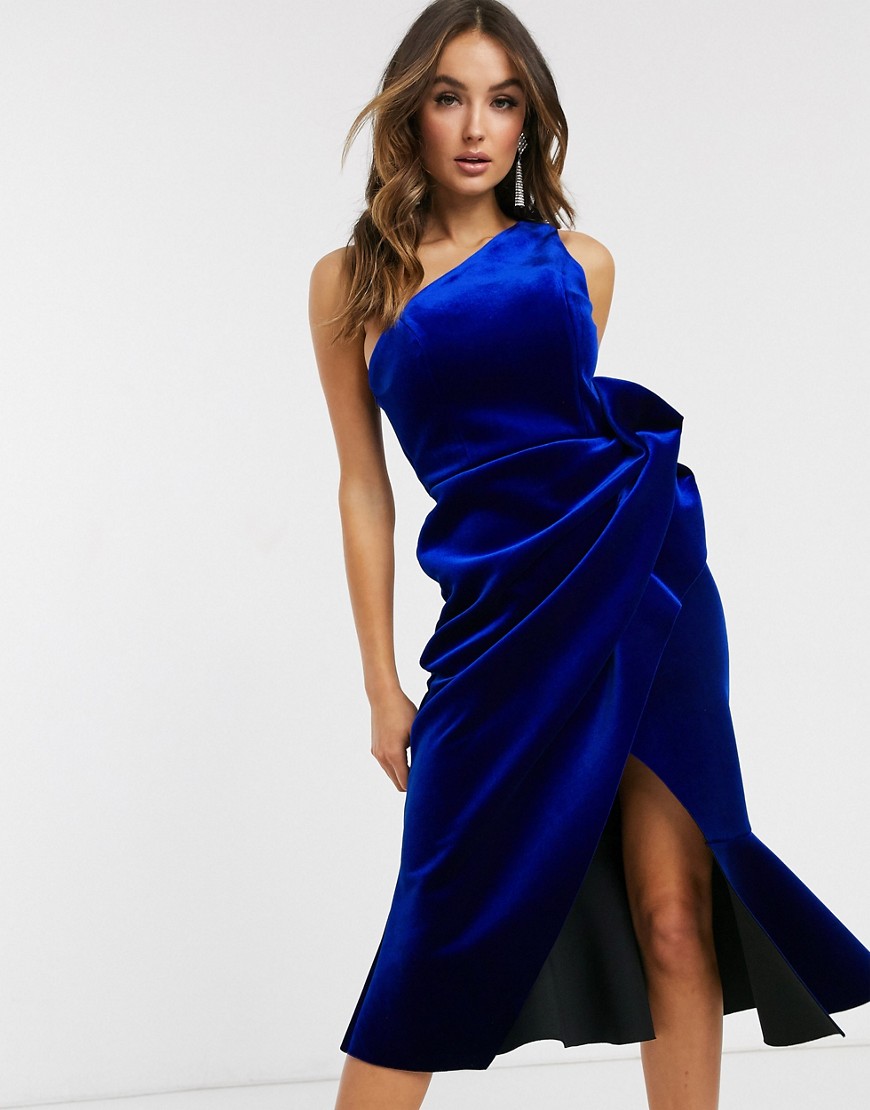 ASOS DESIGN velvet one shoulder tuck detail midi dress-Blue