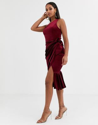 one shoulder tuck detail midi dress