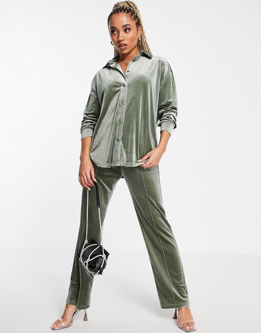 ASOS DESIGN velvet pajama suit track pant in khaki-Green