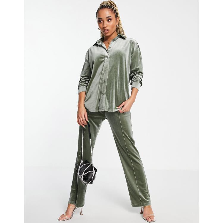 ASOS DESIGN velvet pajama suit track pant in khaki