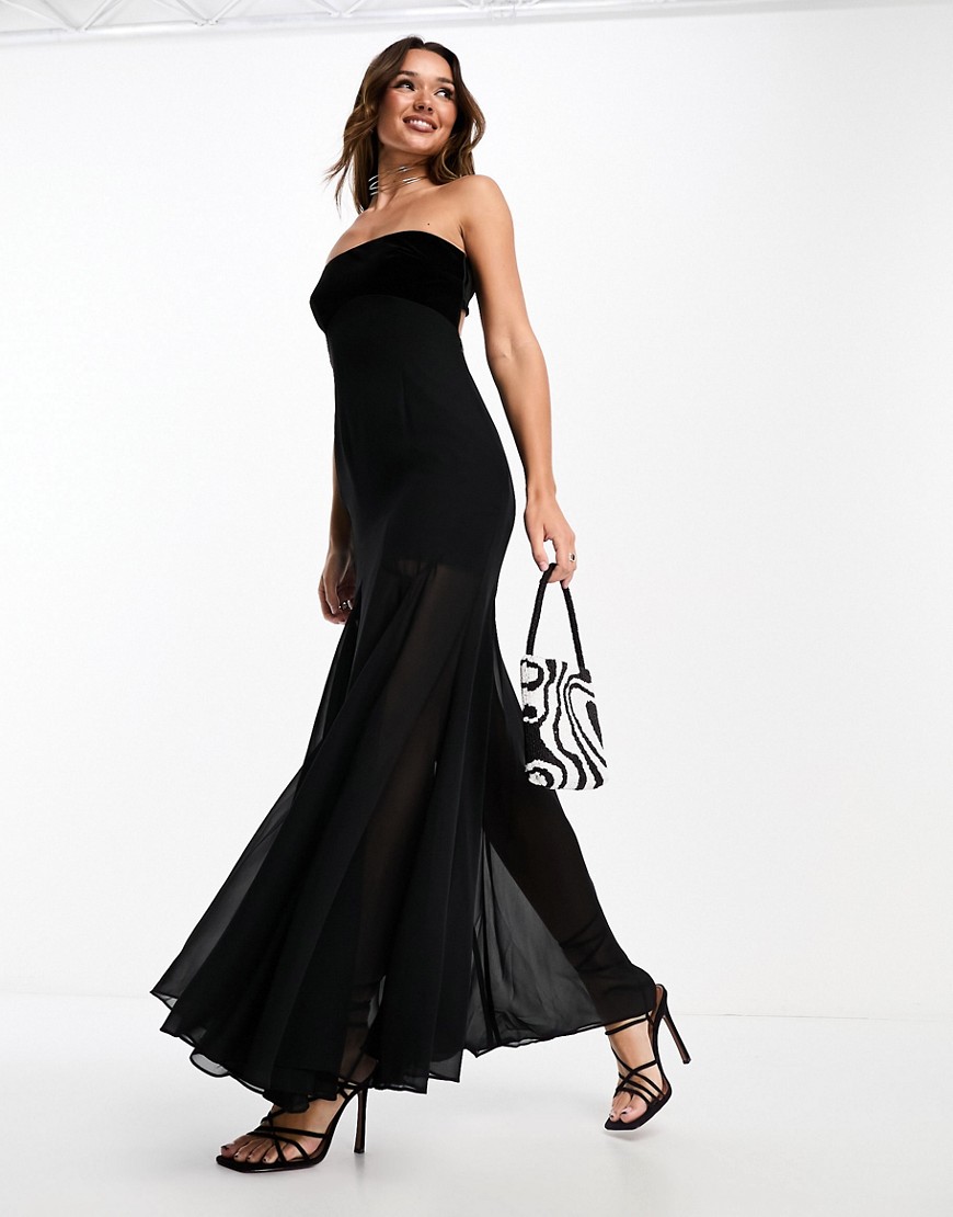 ASOS DESIGN velvet panel bandeau maxi dress with godet skirt in black