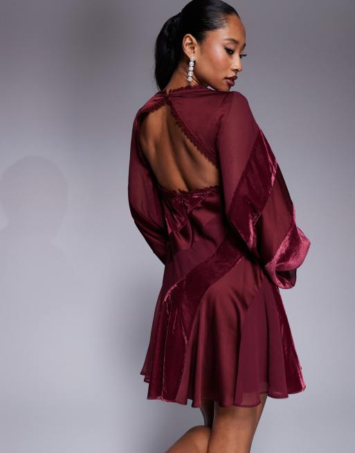 ASOS DESIGN velvet paneled lace trim mini dress with open back in burgundy