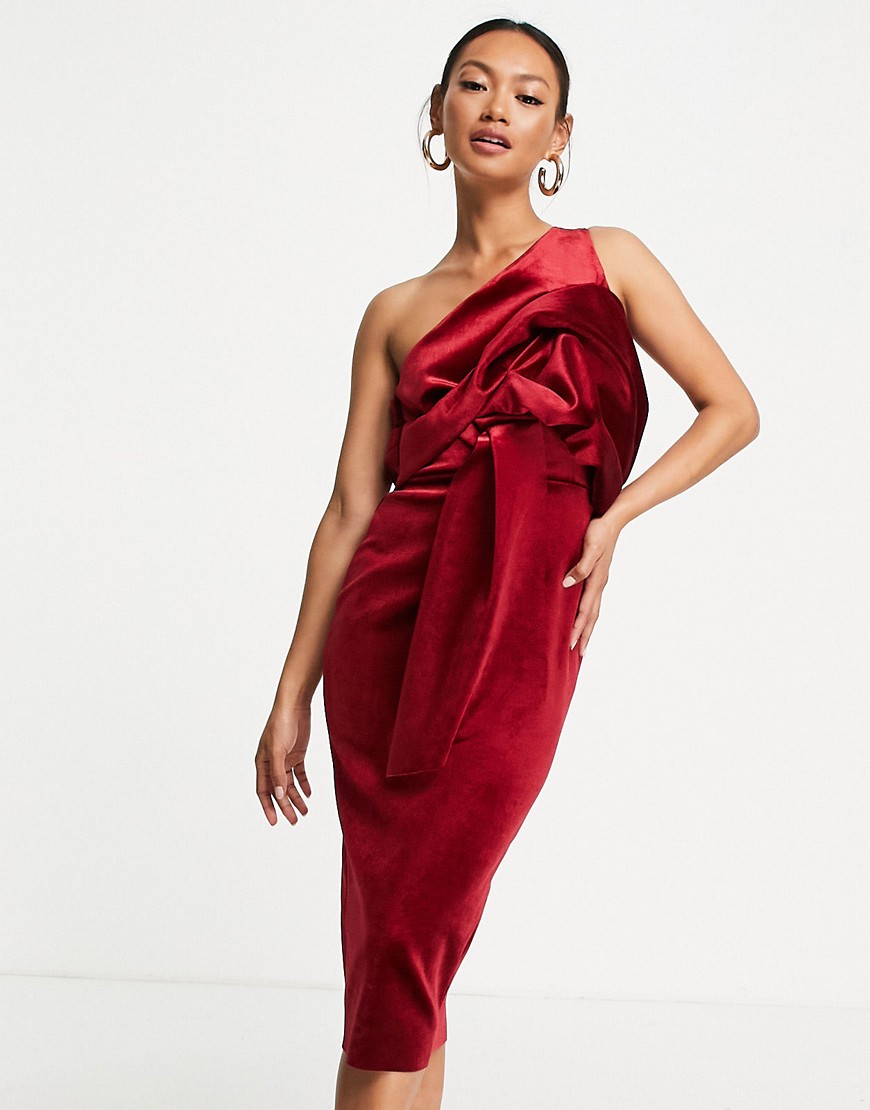 ASOS DESIGN velvet peekaboo shoulder tuck midi pencil dress in berry-Red