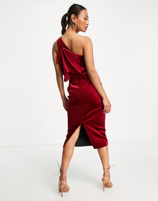 ASOS DESIGN velvet peekaboo shoulder tuck midi pencil dress in berry