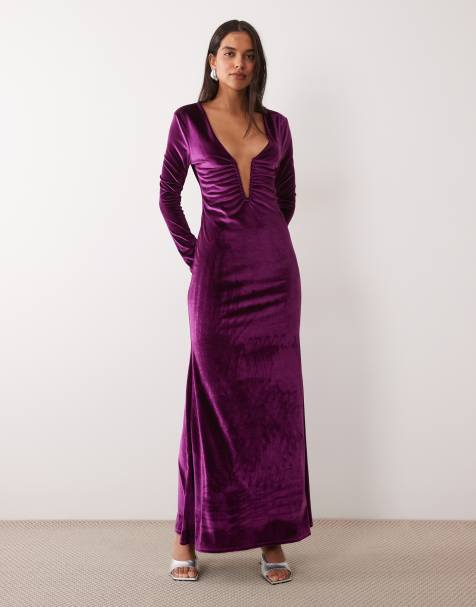 ASOS DESIGN velvet plunge long sleeve maxi dress in plum - view 1
