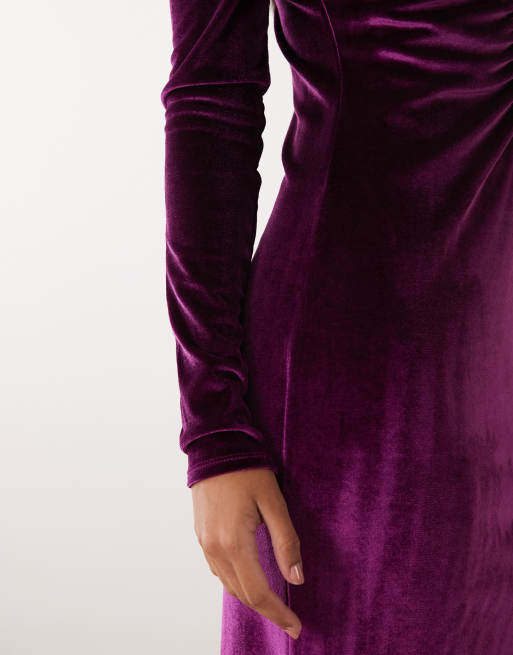 ASOS DESIGN velvet plunge long sleeve maxi dress in plum, 3 of 4