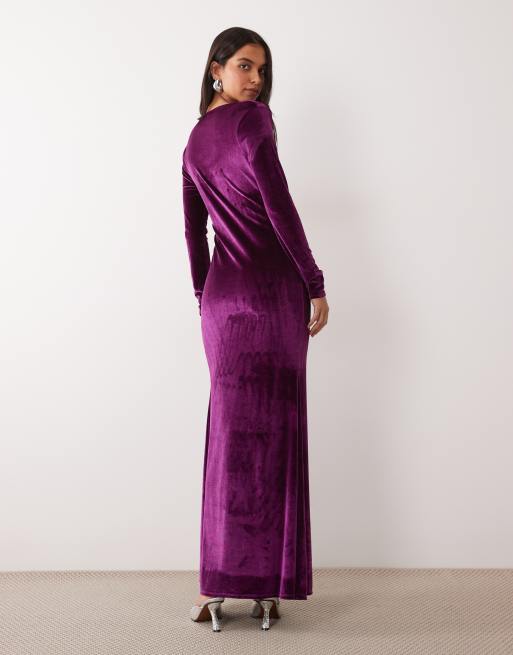 ASOS DESIGN velvet plunge long sleeve maxi dress in plum, 4 of 4