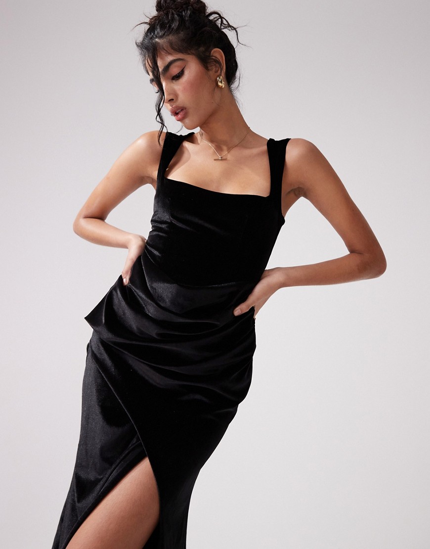 ASOS DESIGN velvet plunge square neck midi dress with draped skirt in black