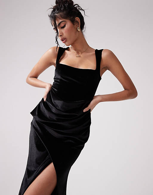 ASOS DESIGN velvet plunge square neck midi dress with draped skirt in ...