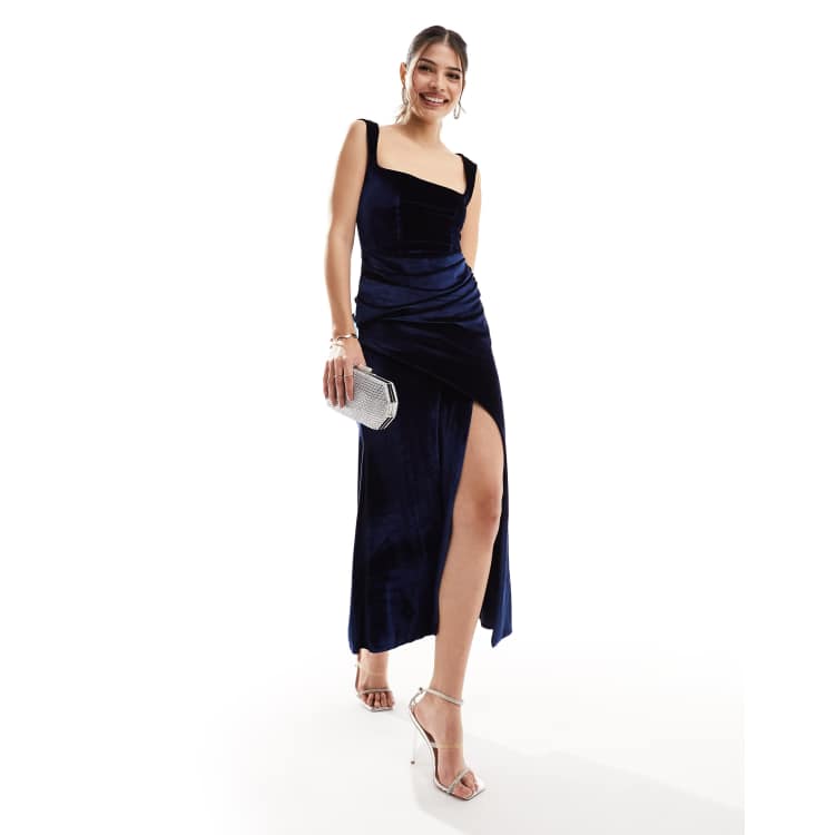 asos navy blue velvet dress ASOS DESIGN velvet satin mix long sleeve maxi dress in blue