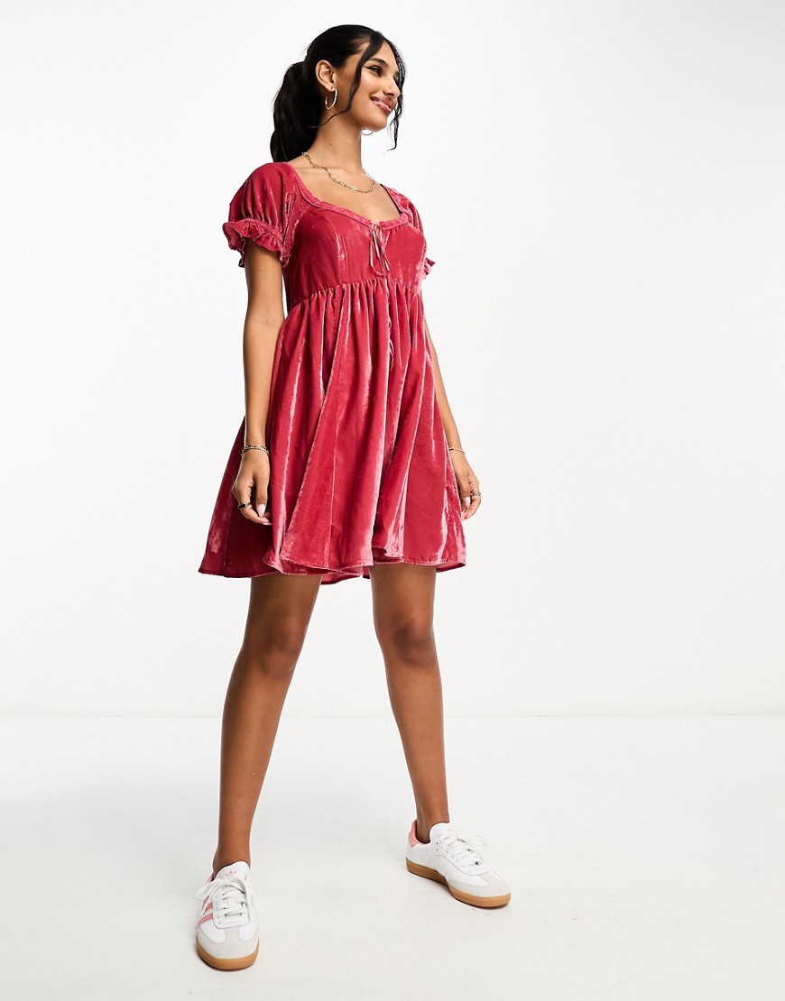 ASOS DESIGN velvet prairie mini dress with ribbon trim in dark rose-Red