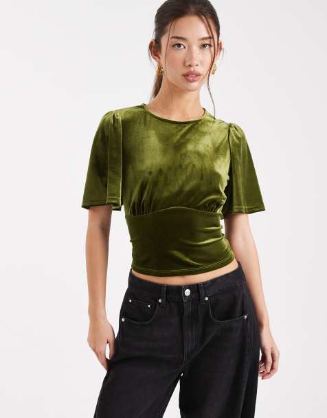 ASOS DESIGN velvet puff sleeve top with tie back in green