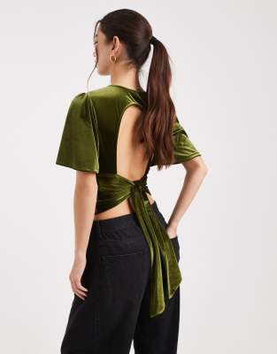 Asos Design Velvet Puff Sleeve Top With Tie Back In Green