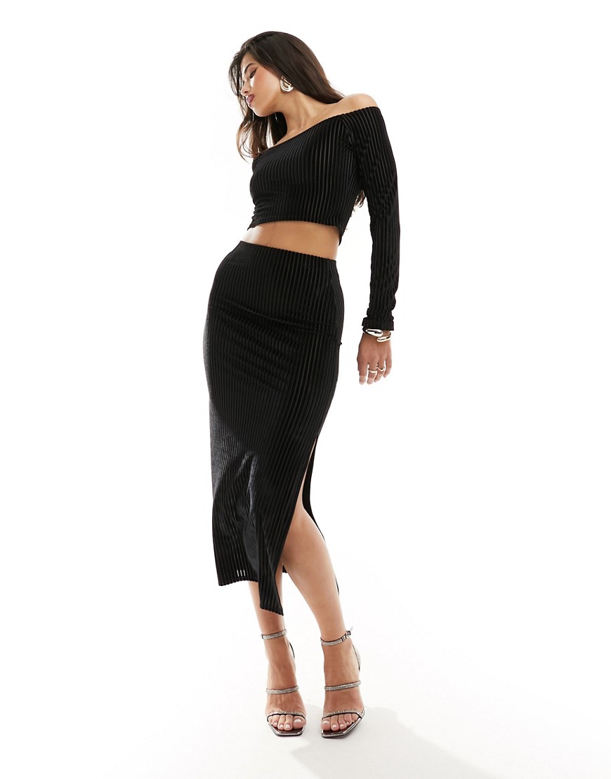 Asos Design Velvet Ribbed Midi Pencil Skirt In Black - Part Of A Set