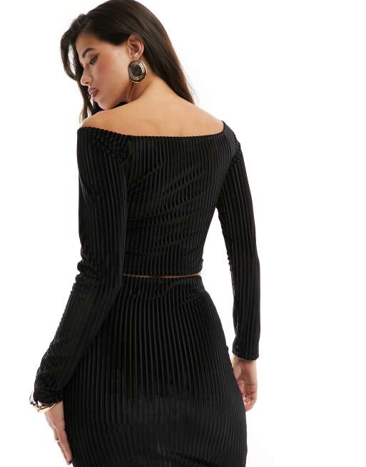 ASOS DESIGN velvet ribbed off the shoulder top in black - part of a set, 4 of 4