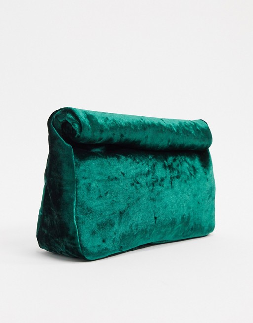 ASOS DESIGN velvet roll top clutch in forest green