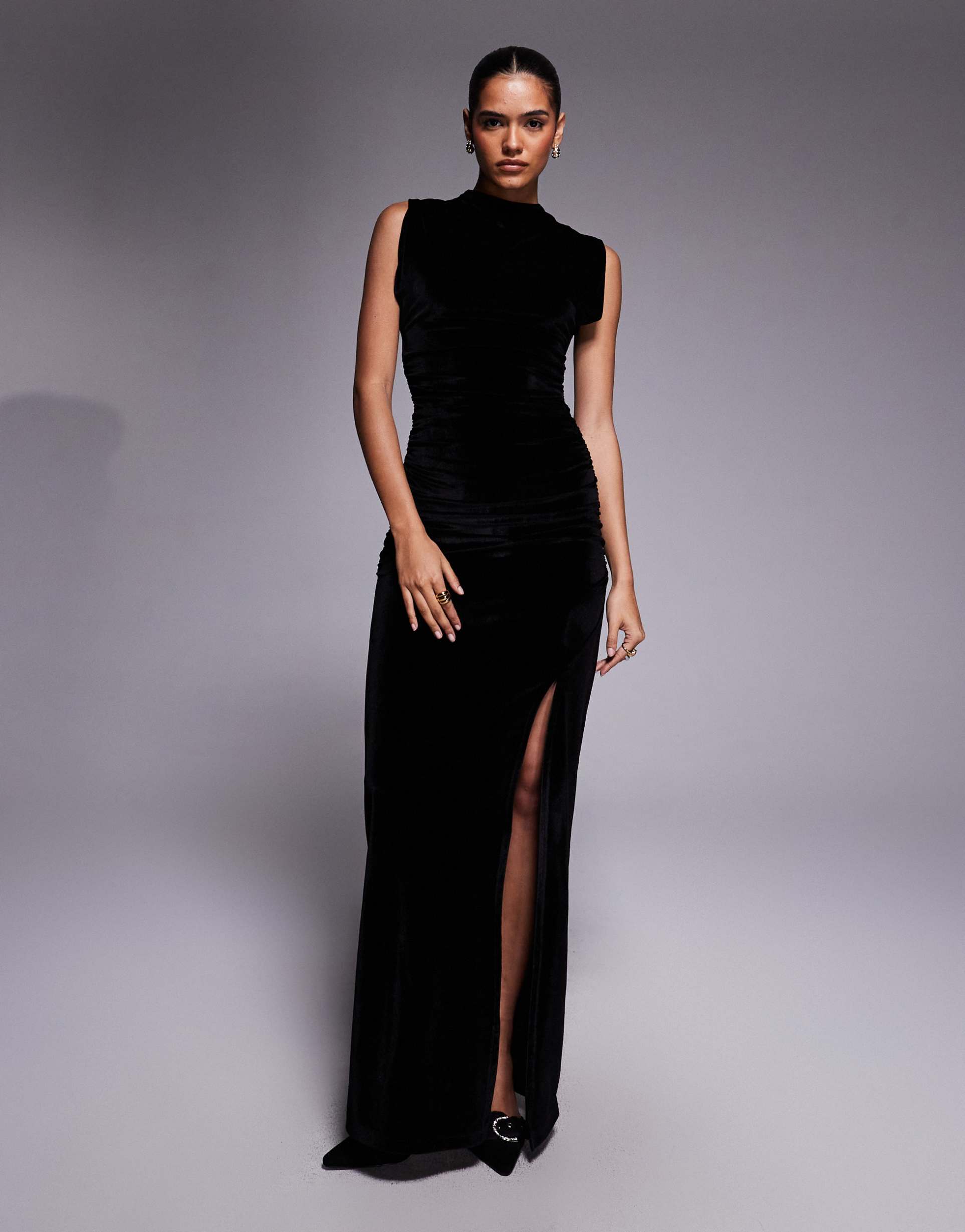 asos design velvet ruched side maxi dress with thigh slit in black