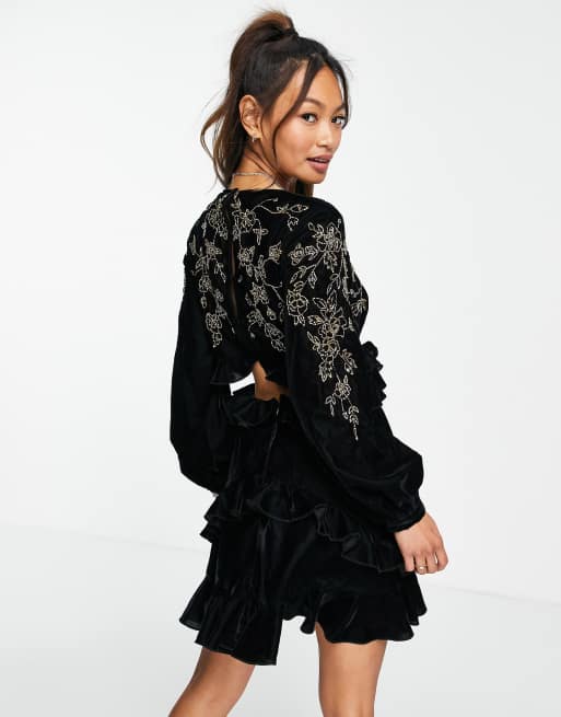 ASOS DESIGN velvet ruffle mini dress with stencil floral embellishment and open back