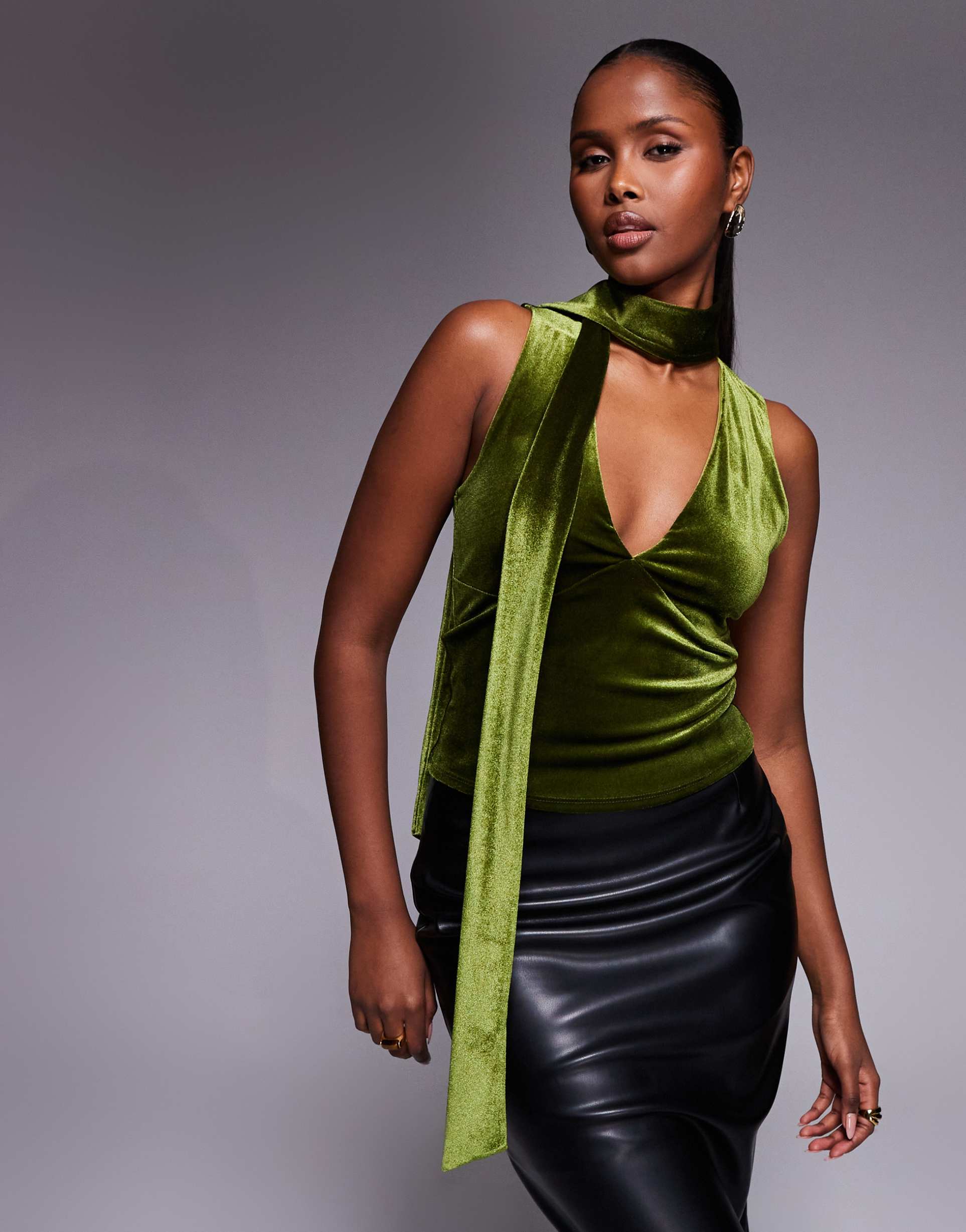 asos design velvet scarf detail v-neck top in olive