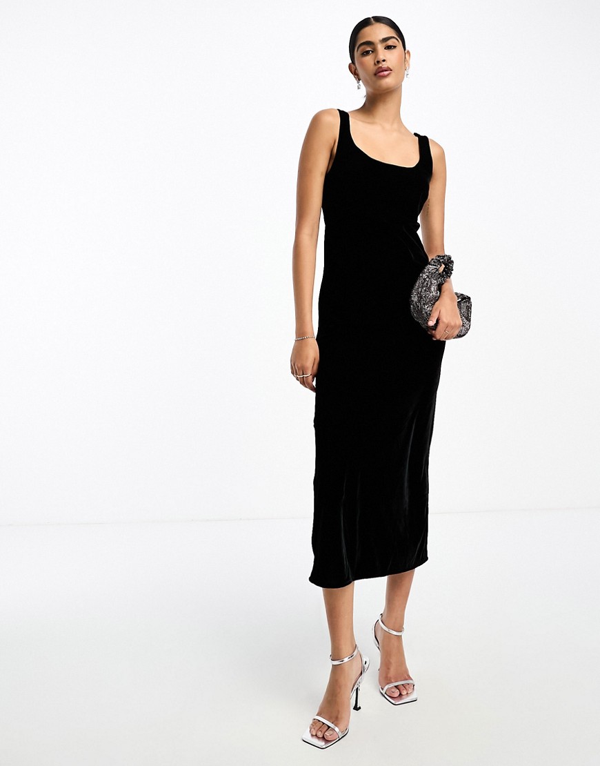 Shop Asos Design Velvet Scoop Neck Midi Slip Dress In Black