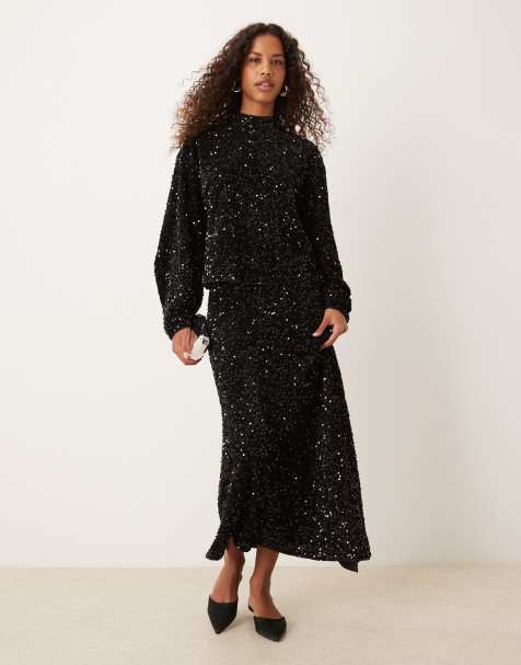 ASOS DESIGN velvet sequin co-ord wrap midi skirt in black - view 1