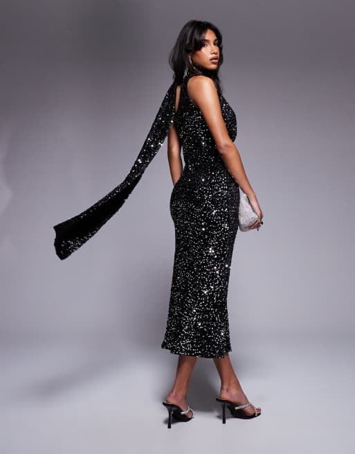 Evening Gowns Petite Silver Dress ASOS DESIGN Velvet Sequin Cowl Neck Midi  Dress With Neck Tie In Black ASOS