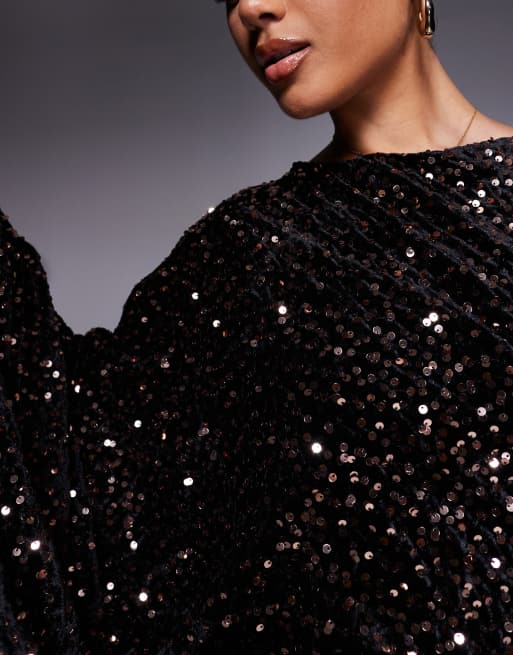 ASOS DESIGN velvet sequin exaggerated one sleeve mini dress in bronze