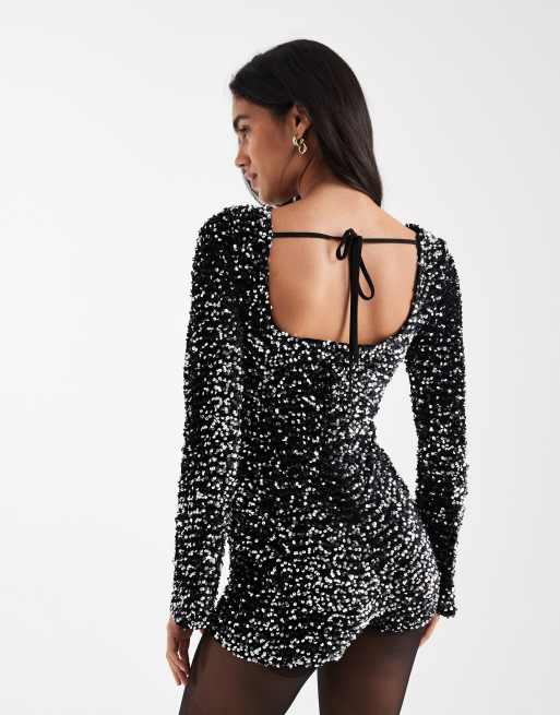 ASOS DESIGN velvet sequin long sleeve playsuit in silver, 3 of 4