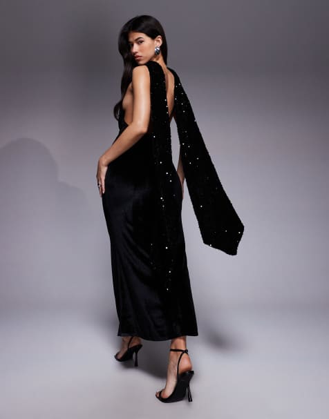 ASOS DESIGN velvet sequin maxi dress with scarf detail and open back in black - view 1