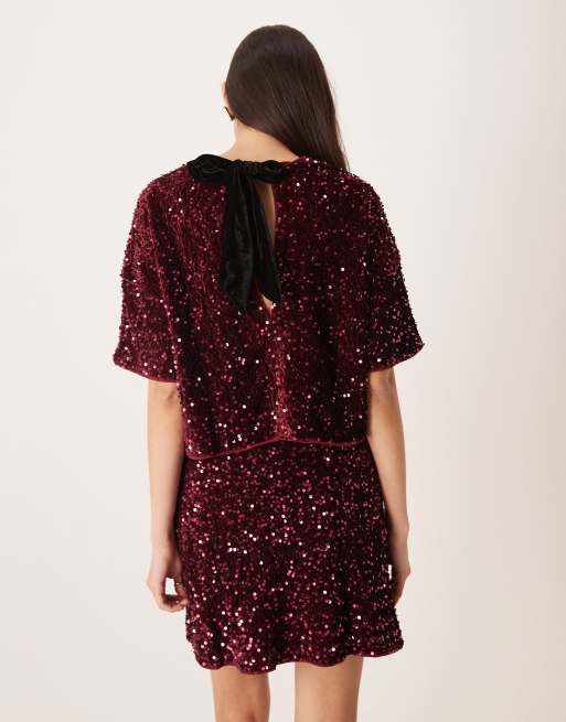 ASOS DESIGN velvet sequin short sleeve co-ord tee in  burgundy, 2 of 4
