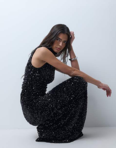 ASOS DESIGN velvet sequin shoulder pad mesh maxi dress in black - view 1