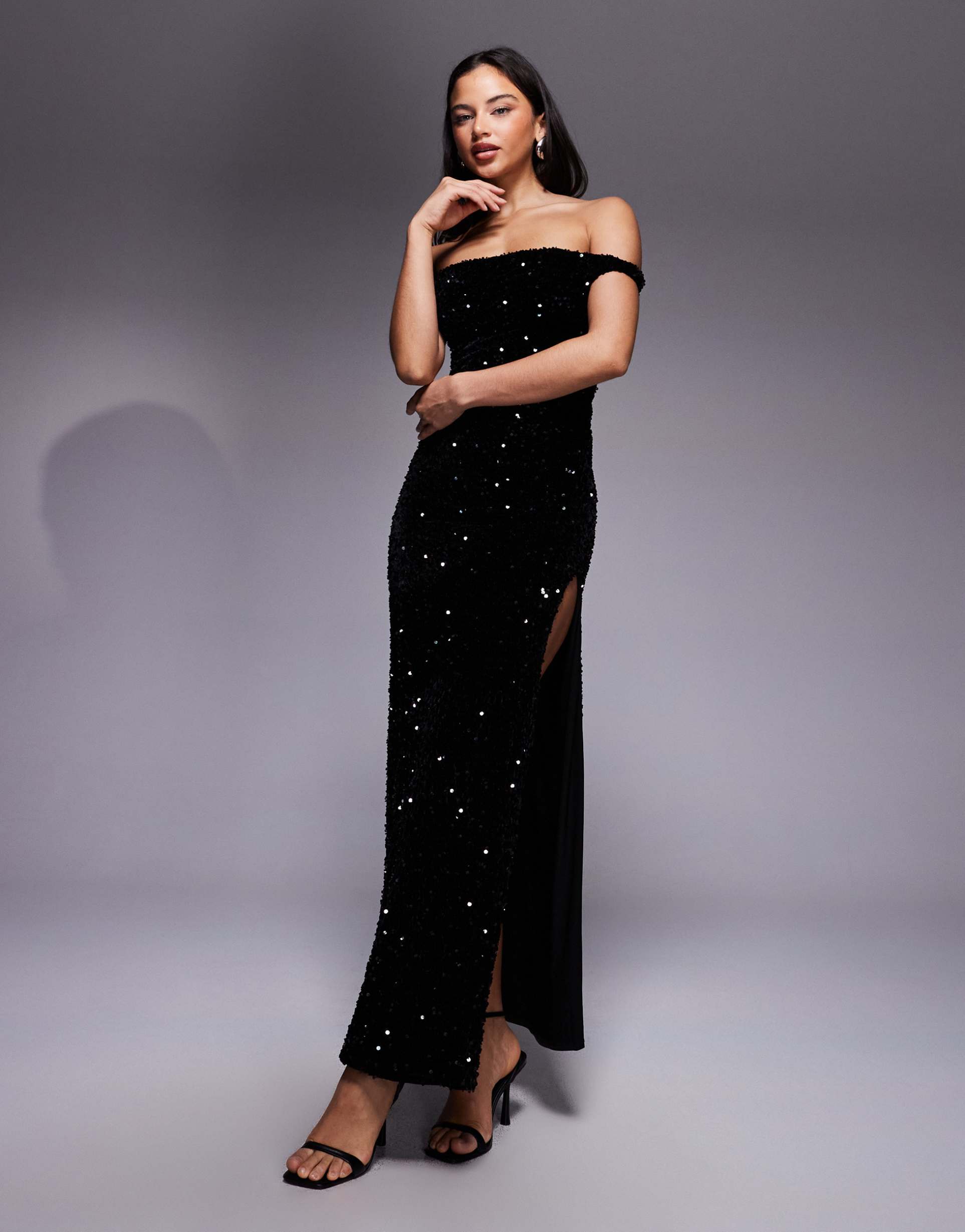 asos design velvet sequin twist shoulder with lace-up back maxi dress in black
