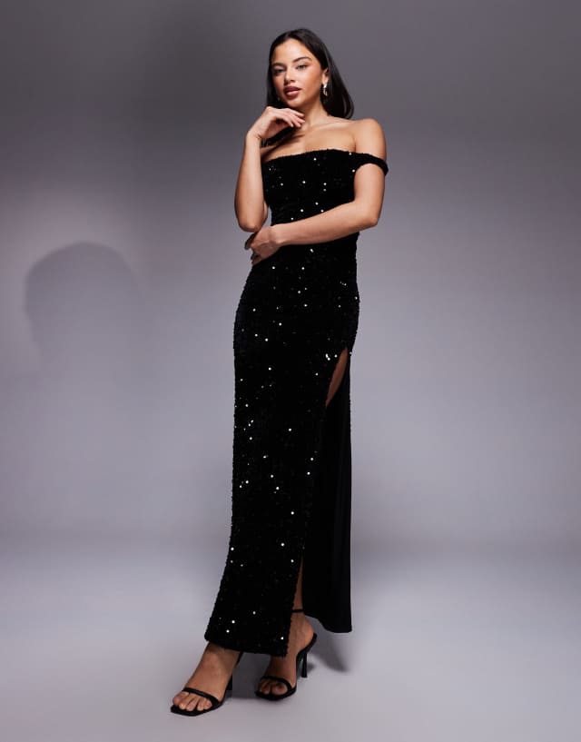 asos black sequin maxi dress DESIGN velvet twist shoulder with lace-up back in SIZE:3 Yrs Edeline Polka Dot Off-shoulder Color: Pinks/Blush Scarf detail this dress will make