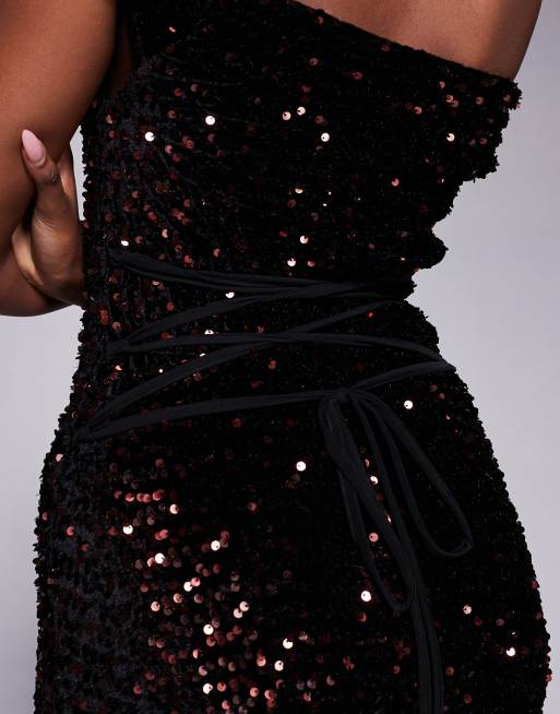 ASOS DESIGN velvet sequin twist shoulder with lace up back maxi dress in bronze, 4 of 4