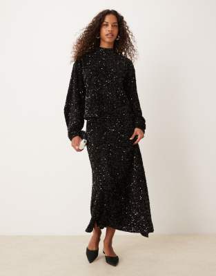 Asos Design Velvet Sequin Wrap Midi Skirt Set In Black